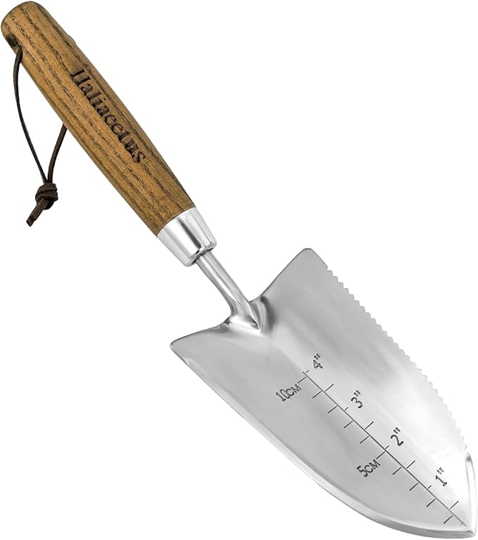Haliaeetus Garden Trowel with Serrated Edge, 4'' Depth Marks Planting Shovel, V-Shaped Sharp Edge Garden Tool, Stainless Steel with Comfortable Wood Handle for Planting and Weeding