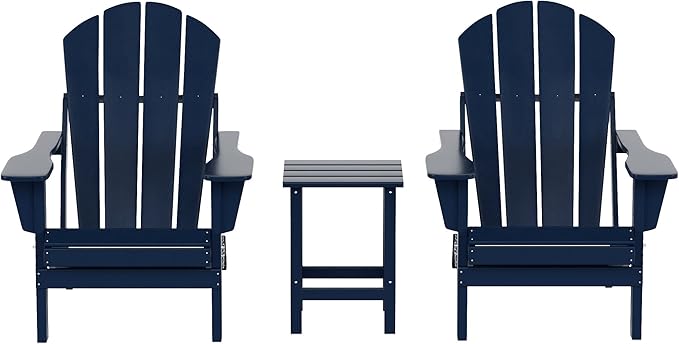 WO Home Furniture Adirondack Chairs Table Set of 3 PCS Outdoor Folding Chairs Side End Table Weather/UV Resistant for Lawn, Garden, Bon Fire, Balcony (Navy Blue)