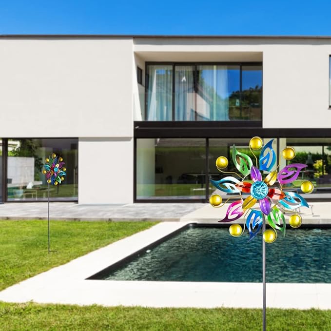 DREAMYSOUL 2 Packs Wind Spinners for Yard and Garden, Colorful Pinwheel Metal Wind Sculpture Outdoor Yard Art for Garden, Patio, Lawn Decor (11" Dia * 37.8" H)