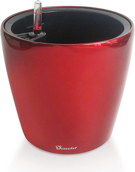 Dexceder 11x10 Inches High Gloss Self Watering Planter Indoor Outdoor, Inner Pot Design, Thickened Table Flower Plant Pot with Water Level Indicator (Red)