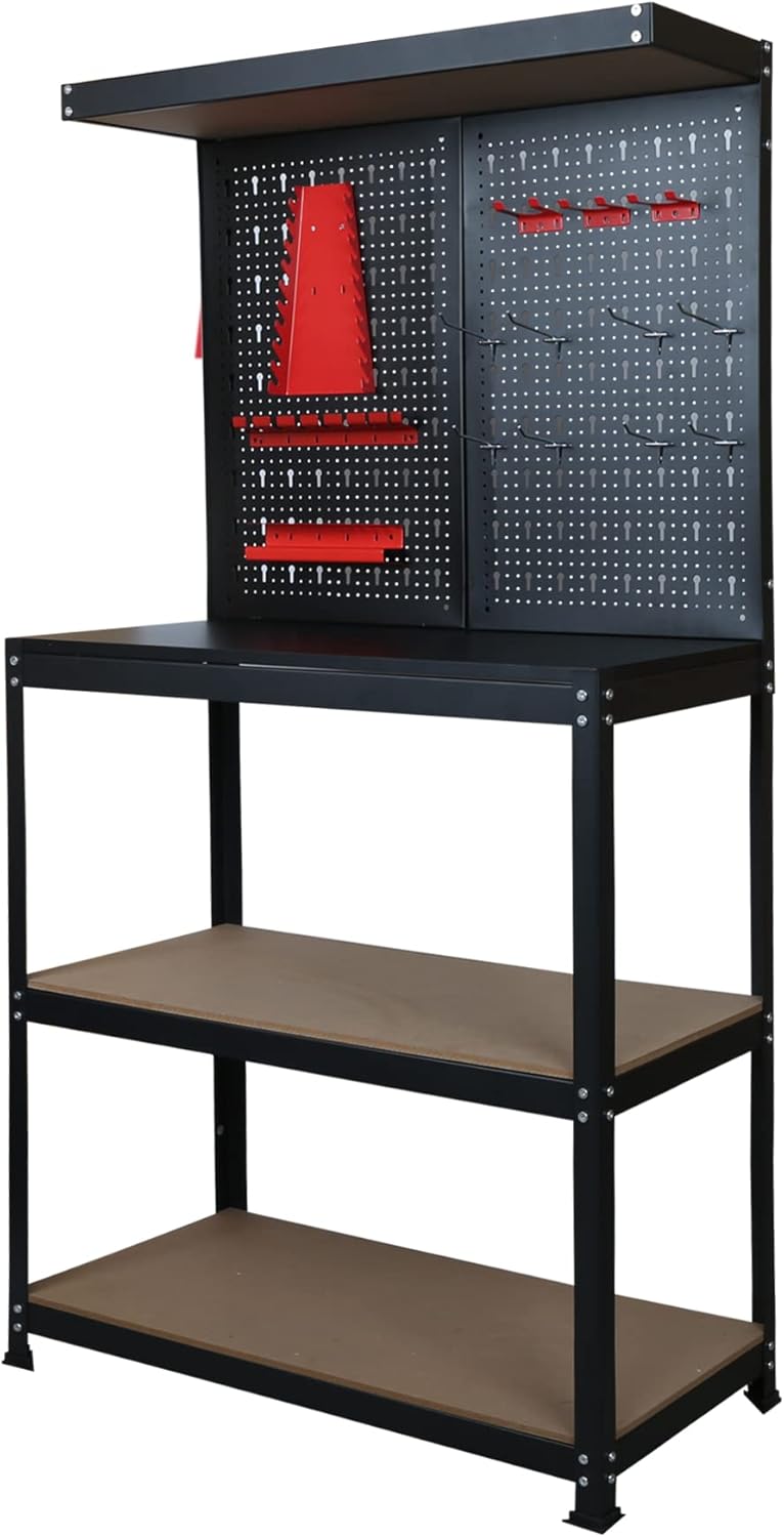 31.5 Inch Workbench with Peg Board, Multipurpose Tool Organizer and Work Bench with Double Storage Platform, Workbench in Garage Workshop