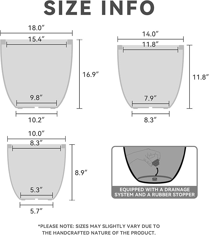 Kante 18",14",10" Dia Concrete Round Planters (Set of 3), Outdoor Indoor Large Planter Pots with Drainage Hole and Rubber Plug for Home Patio Garden, Weathered Concrete