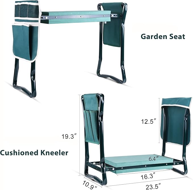 Ohuhu Garden Kneeler and Seat, Heavy Duty Garden Stool with EVA Foam Kneeling Pad, Foldable Gardening Bench with 2 Tool Pouches, 2-in-1 Portable Gardening Supplies, Idea Gifts for Women Men Seniors