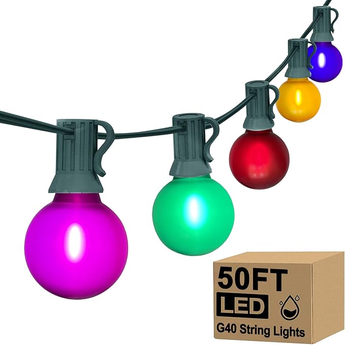 50Ft Outdoor Frosted Multicolor Christmas Lights, G40 Globe Patio String Lights with 25 Ceramic Colorful Bulbs(2 Spare), Hanging Outside Christmas Lights Vintgae for Holiday Party Backyard Decorations