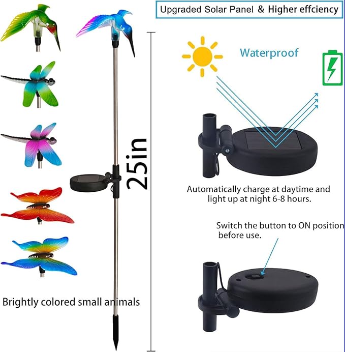 EiGreen 6 Pack Solar Garden Stake Lights Outdoor, Yard Figurine Stake Light, Flower Hummingbird Dragonfly Butterfly for Patio Yard Pathway Decoration (Garden)