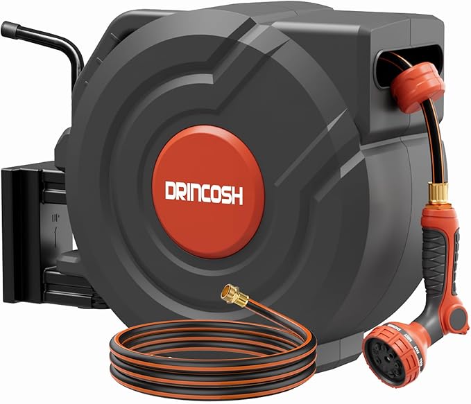 Upgraded Retractable Garden Hose Reel 1/2" x 155 ft Pro 180° Swivel Metal Bracket Automatic Retract Heavy Duty Hose Reels Wall Mount Any Length Lock 9 Pattern Nozzle Garden Watering