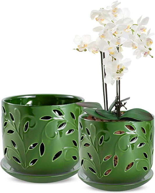 EFISPSS Orchid Pot with Holes, 5+6Inch Ceramic Plant Pots with Drainage Holes and Tray, Promoting Air Circulation and Drainage, Indoor/Outdoor Flower Pots-Green
