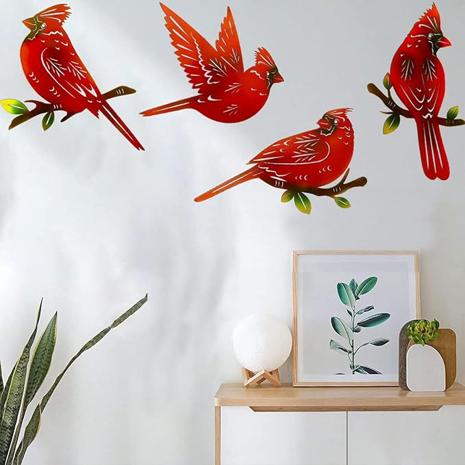 4 Pack Metal Cardinal Wall Art Decor Metal Birds 3D Outdoor Sculpture, Ornaments Hand-Made Nimble red Bird, Gifts for Mom,Birthday Gifts for Grandma Wife