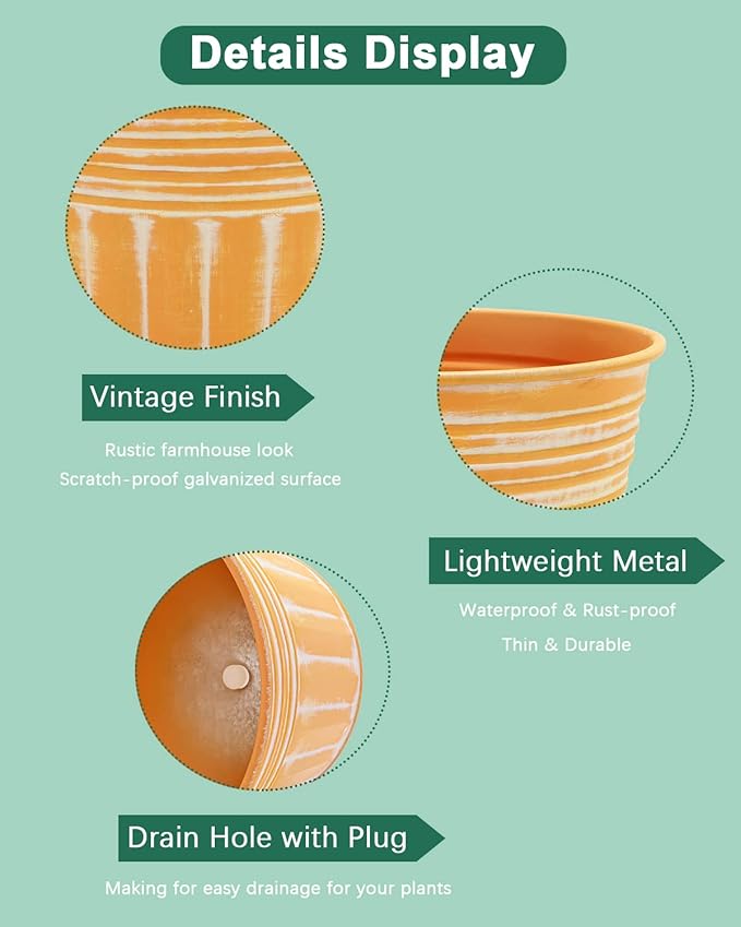 vensovo 6 Inches Orange Metal Rustic Flower Pots - 6 Pcs Small Galvanized Planters with Drainage Hole and Rubber Plug, Rustproof Tin Bucket Plant Pot Farmhouse Vintage Style for Decor