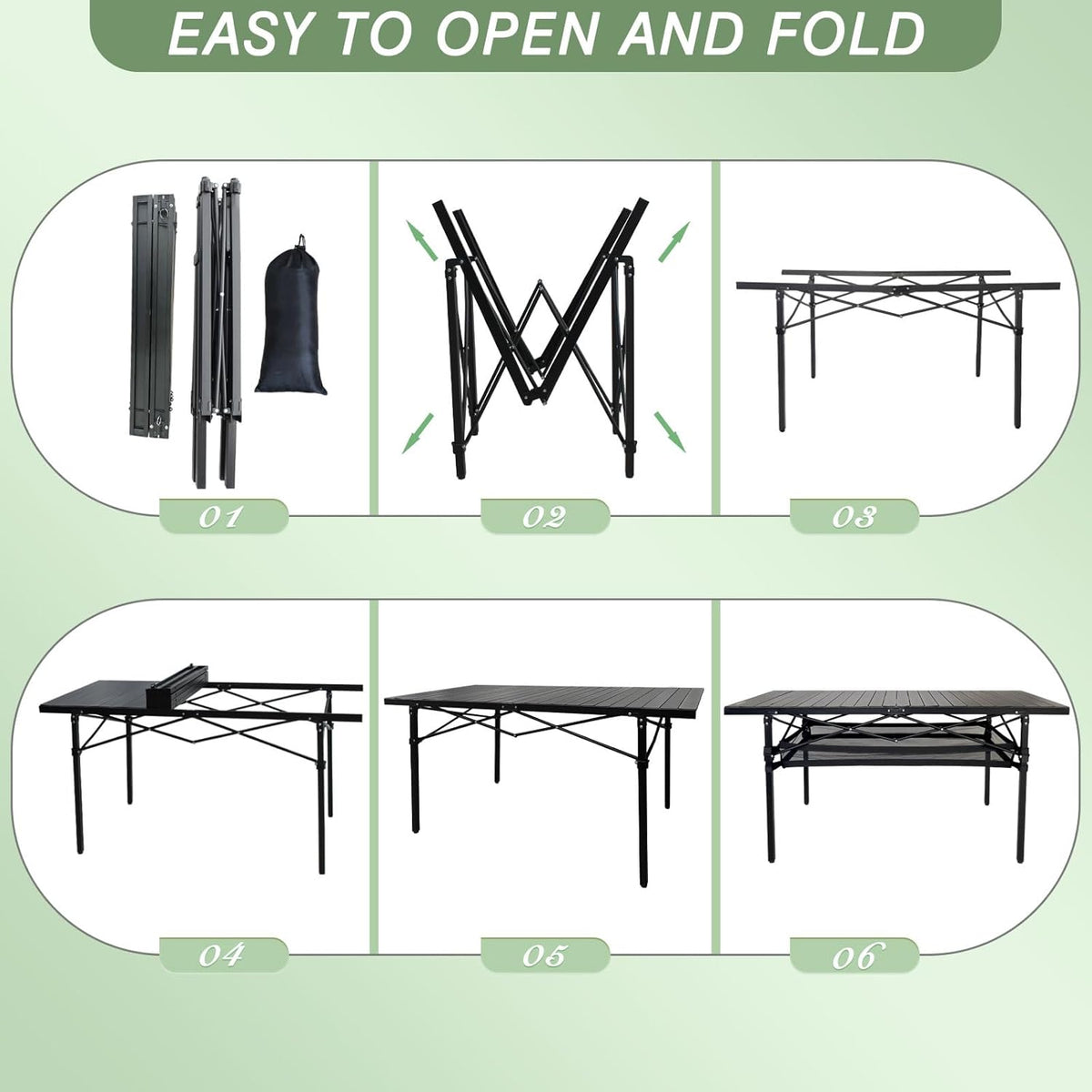 Large Folding Camping Table Aluminum with Storage for 4-6 People 55"X27.5" Roll Up Tall Outdoor Portable Table Lightweight with Carry Bag for Picnic BBQ Backyard Beach
