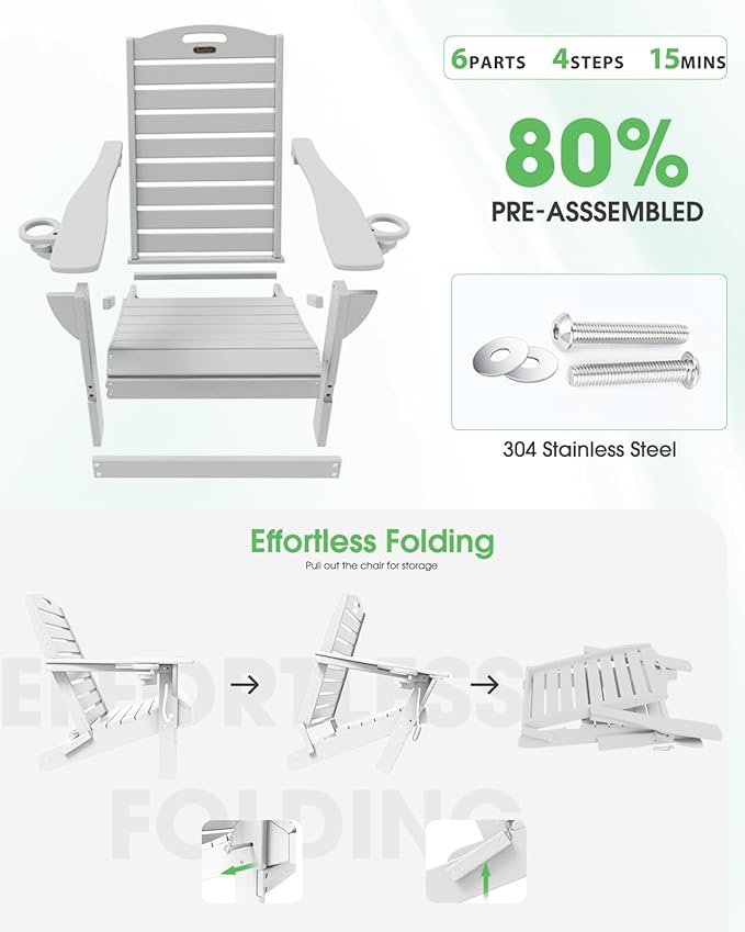 Folding Adirondack Chair HDPE All-Weather Adirondack Chairs with Cup Holder, Outdoor Fire Pit Chairs Lawn Chair for Deck Patio Garden (White)