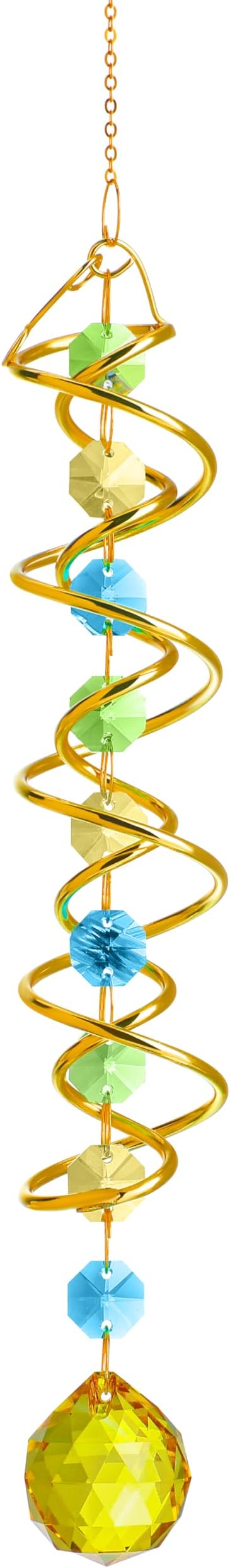 H&D HYALINE & DORA Glass Gazing Ball Spiral Tail Decorative Sun Catcher,17.7in Rainbow Maker Double-Spiral W/Yellow Crystal Ball Prism Sun Catcher for Indoor Outdoor Garden Decoration