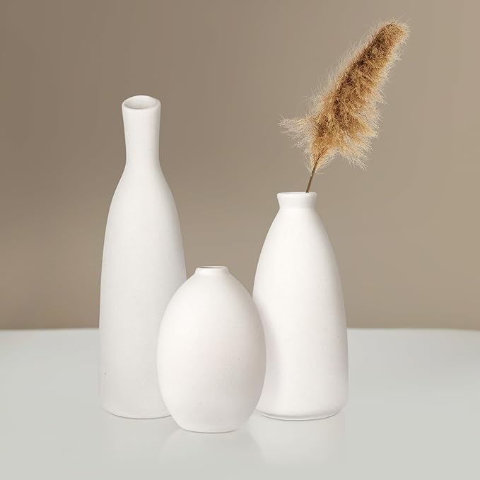 Ceramic Vase Set of 3, Small Flower Vase for Home Decor, Decorative Vases for Pampas Grass & Dried Flowers, Living Room, Bedroom, Bathroom, Shelf Centerpiece Table Decorations
