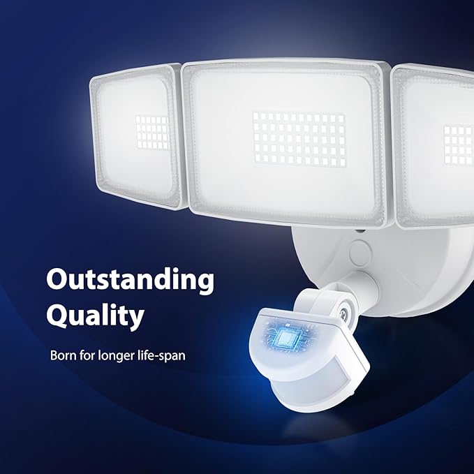 Onforu 65W LED Flood Light Motion Sensor Outdoor, 6500lm Security Light with Three Head, IP65 Waterproof Exterior Floodlight, 6500k Wall Light for Entryways Stairs Yard Garage