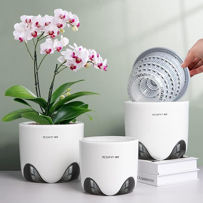 6 inch Orchid Pots with Holes for Repotting with Excellent Airflow, Set of 2, Double Layer Plastic Imitate Ceramic Orchid Planter, Clear Orchid Pot Match Decorative Orchid Container