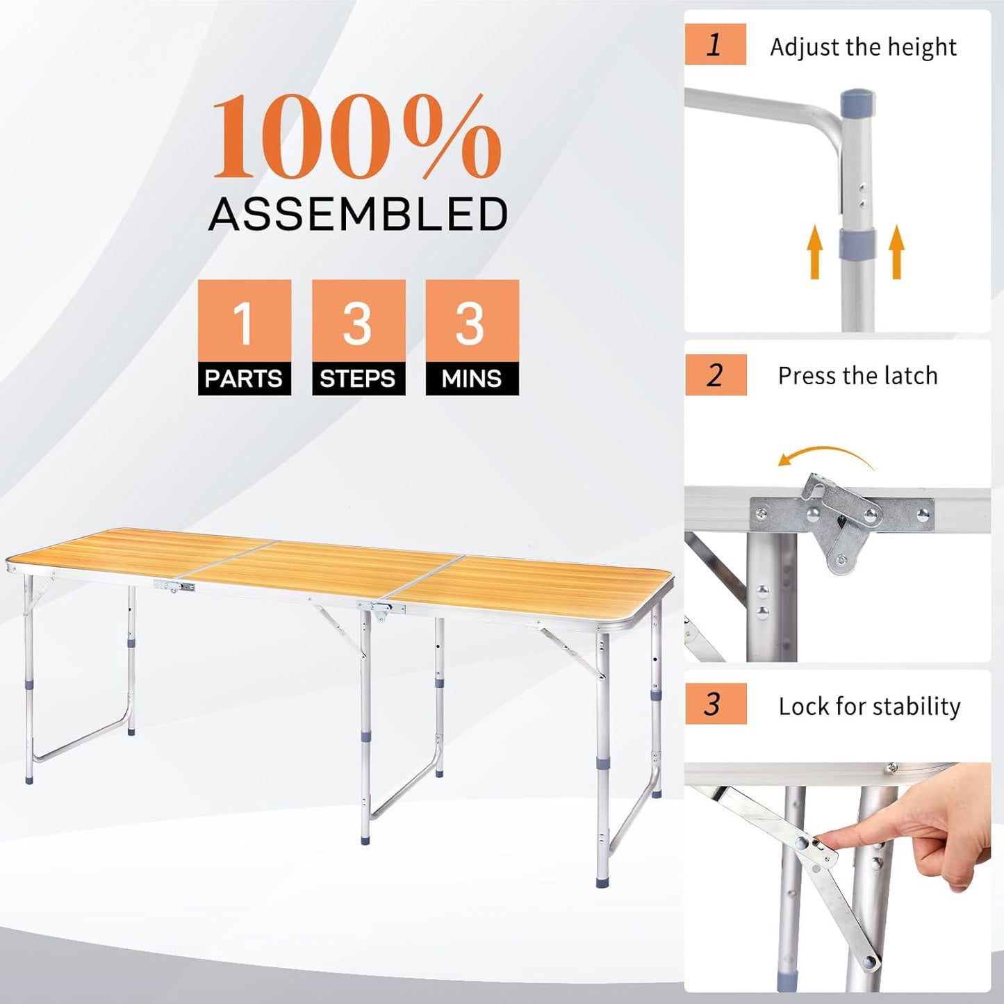 Outvita 6ft Portable Folding Camping Table, Outdoor Waterproof Adjustable Height Table, Aluminum Lightweight Suitcase Foldable Table for Picnic BBQ Beach Dining