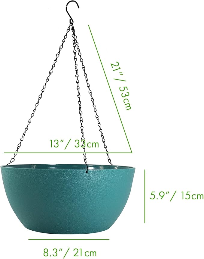 WOUSIWER 13 inch 2 Pack Large Hanging Planters for Indoor Outdoor Plants with Drainage Holes and Chain, Round Hanging Flower Pots for Garden Home Porch Decor, Myrtle Green