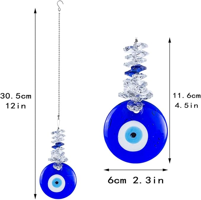 Blue Glass Evil Eye Talisman with Crystal Beads - Good Luck Charm, Home, Office, Car Decoration, Blessing Ornament, Reflects Negative Energy