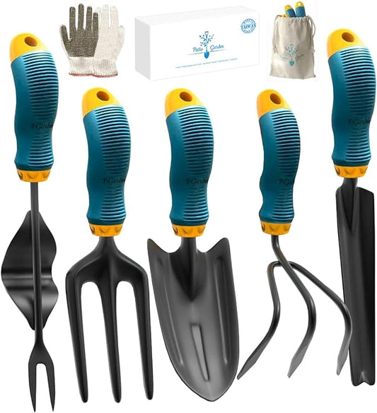 Gardening Tools Set from Alloy Steel - Heavy Duty Garden Tool Set with Light & Rubber Non-Slip Handle - Gardening Tool Kit - Ergonomic Garden Hand Tools - Gardening Gifts for Men and Women