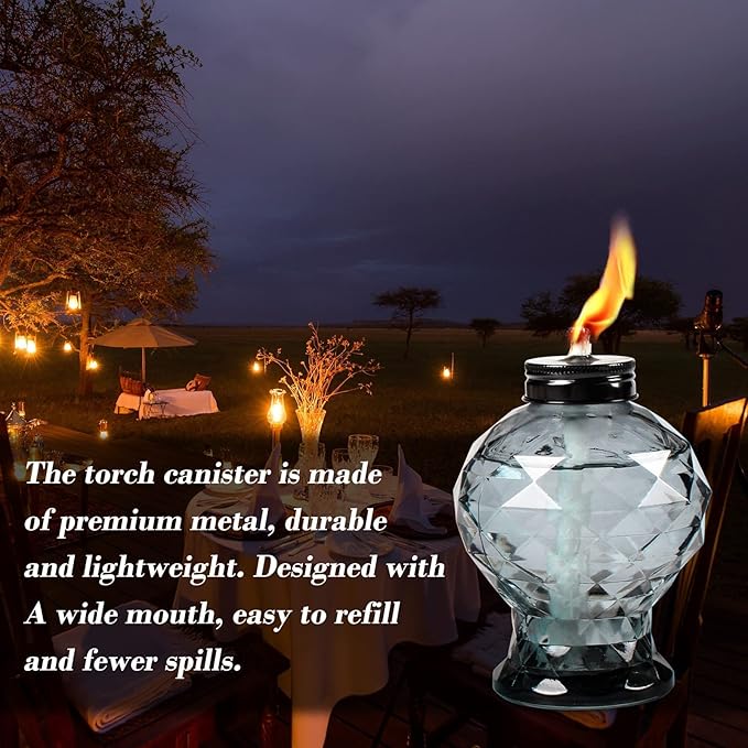 tewei 4 Pack Glass Table Top Light Torches for Outside, Easy to Refill Glass Citronella Torches Outdoor Lanterns, Wick and Cap Included Torch for Garden Patio Yard Party