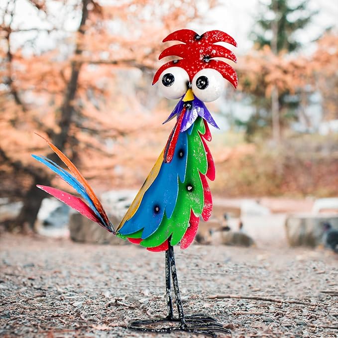 Natelf Outdoor Wacky Metal Rooster Yard Statue Decoration Roosters Decor Garden Statues Chicken Figurine Outside Decorations for Courtyard