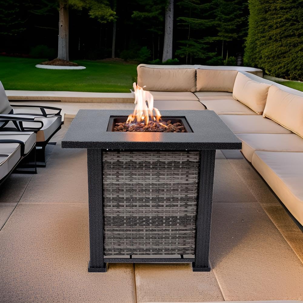 Adana Propane Fire Pit Table 28” Outdoor Firepit 50,000 BTU Firepits for Outside with Lava Rocks and Removable Lid Metal Fire Pit Outdoor Fireplace Propane Fire Pits for Outside CSA Certified
