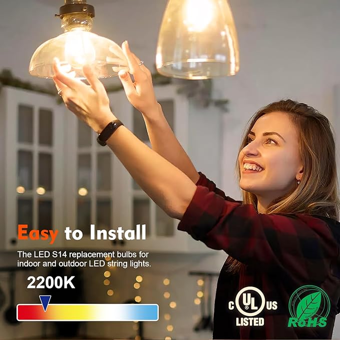 64 Pack LED S14 Replacement Light Bulbs, Shatterproof 1W Vintage Edison Bulbs for Outdoor Patio Backyard String Lights, Dimmable, E26 Screw Base, 2200K Warm White