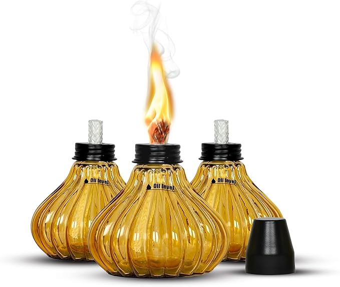 Deco Window Pack of 3 Table Torch for Indoor Outdoor Citronella Oil Tabletop Glass Lamp Landscape Yellow Lantern with Fiberglass Wick & Cap for Patio Garden Yard Party Decor Light