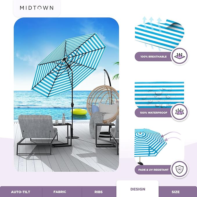 Midtown Umbrellas The Lean 8 Feet Outdoor Umbrella With Terylast Cobalt Stripes (Blue/White Stripes) Polyester Fabric - Auto-Tilt Aluminum Frame Patio Umbrella For Deck, Garden, Pool - Black Pole