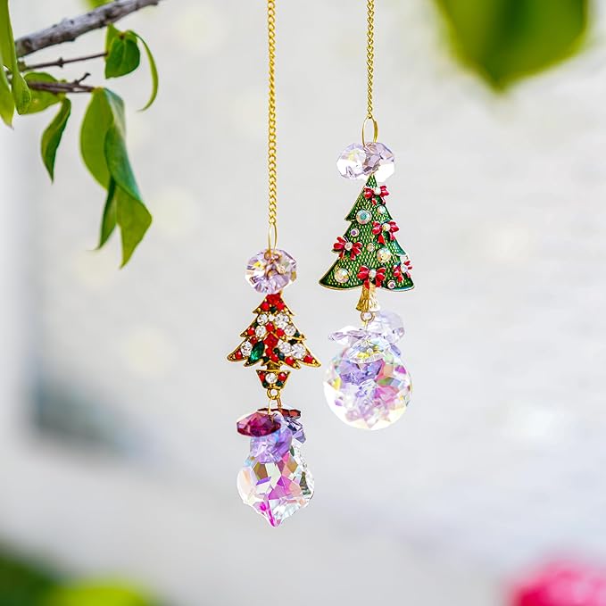 2PCS Rhinestones Christmas Tree Ornaments Suncatcher Prisms Hang for Tree Window Christmas Eve Party