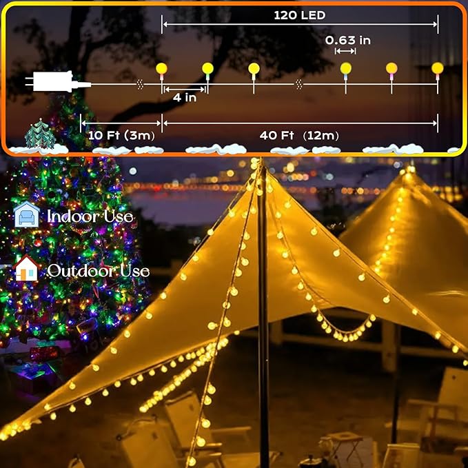 120 LED String Lights 40ft, 8 Lighting Modes Plug in Fairy String Lights for Bedroom Classroom Patio Garden Wedding Party Christmas Tree Outdoor Indoor Decorations Warm White