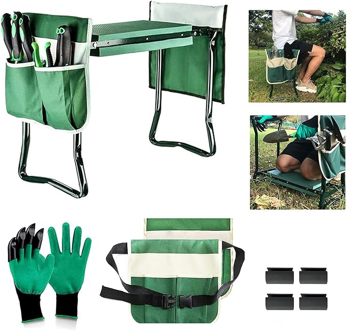 Garden Kneeler and Seat Stool Heavy Duty Garden Folding Bench with Large RemovableTool Pocket Gloves and Soft EVA Kneeling Pad for Gardening Lovers