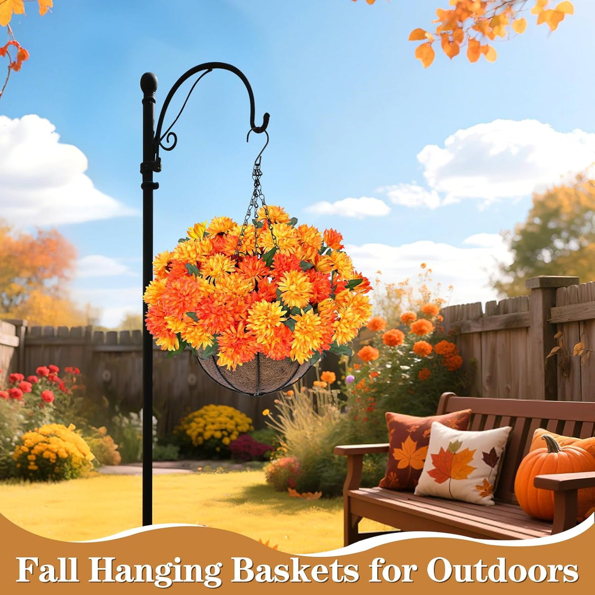 Artificial Faux Fall Mums Hanging Flowers Plants Basket for Outdoor Decor, 75 UV Resistant Fake Silk Orange Yellow Daisy in Planter Real Look for Autumn Porch Home Patio Garden Yard Decoration