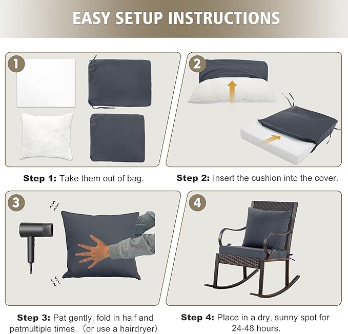 24x24 Inch Outdoor Cushions for Patio Furniture, Waterproof Outdoor Chair Cushions w/Fade-Resistant, Removable & Machine-Washable Covers, Deep Seat Sofa/Couch Pads Replacement – Set of 4, Dark Grey