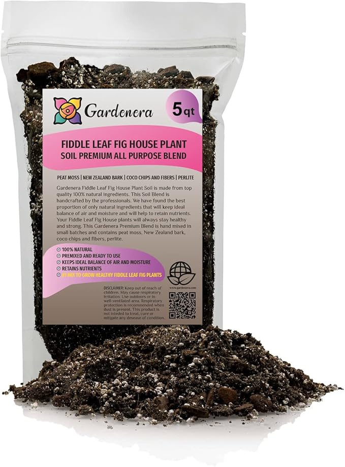 Fiddle Leaf Fig House Plant Soil Premium All Purpose Blend - Peat Moss, New Zealand Bark, Coco Chips and Fibers, Perlite - 5 Quart Bag