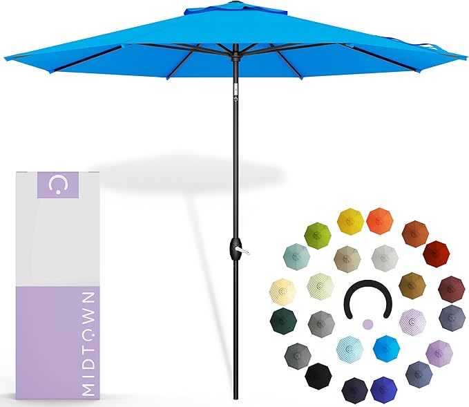 Midtown Umbrellas 10-Year-No-Fade - 8 Ft - UV Proof Cobalt (Blue) Polyester Fabric - Umbrella Outdoor Patio, Auto-Tilt Aluminum Frame Patio Umbrella for Garden, Pool & Deck - Black Pole