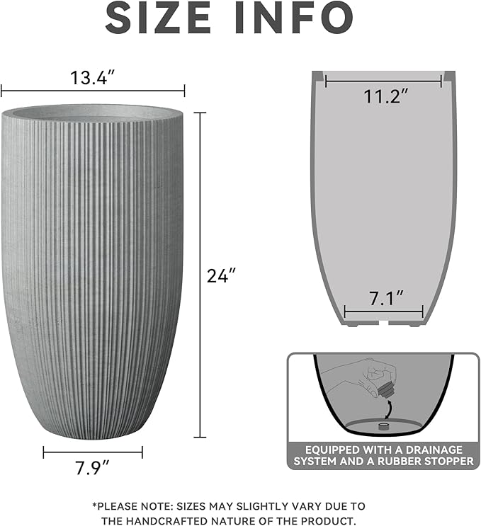 Kante 24 Inch Tall Round Concrete Planter, Large Indoor Outdoor Plant Pots with Drainage Hole and Rubber Plug, Modern Decorative Garden Pots for Home Patio Porch, Textured Natural Concrete