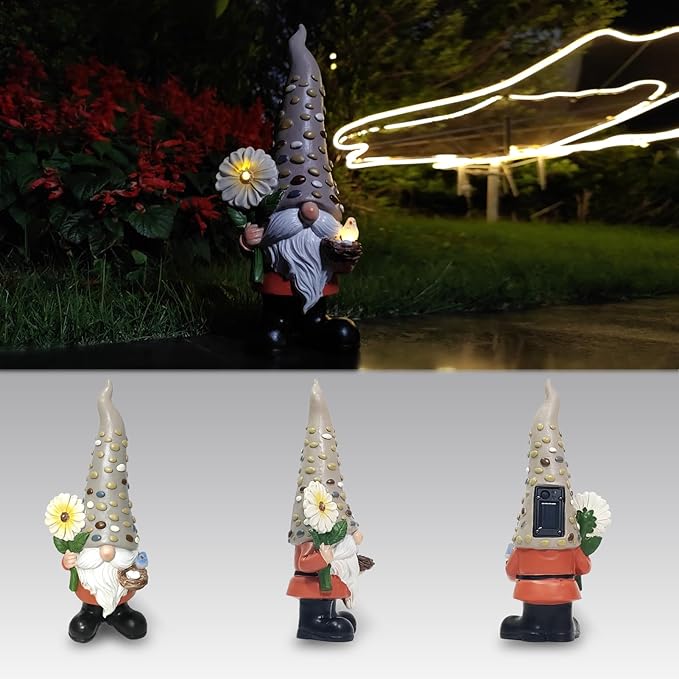 12 Inch Solar Garden Gnome Statue Clearance with Sunflower and Bird's Nest Light – Outdoor High Hat Gnome Sculpture Outdoor Statue for Patio and Garden Decor – Figurine Gift for Gnome Lovers