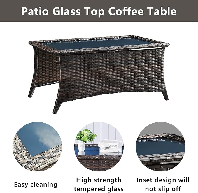Wicker Patio Furniture Sets - 8 Piece Outdoor Rattan Furniture Conversation Sets with 4 Swivel Rocker Chairs, Rattan Sofa, Wicker Ottomans and Coffee Table, Brown/Blue