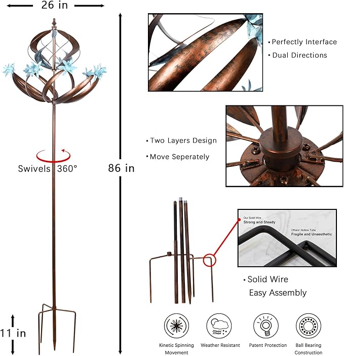 Outdoor Metal Wind Spinner for Yard Garden - Large Kinetic Wind Sculptures Spinners Outdoor, Gift for Birthday, Anniversary, Housewarming, Christmas (W26 x H86)