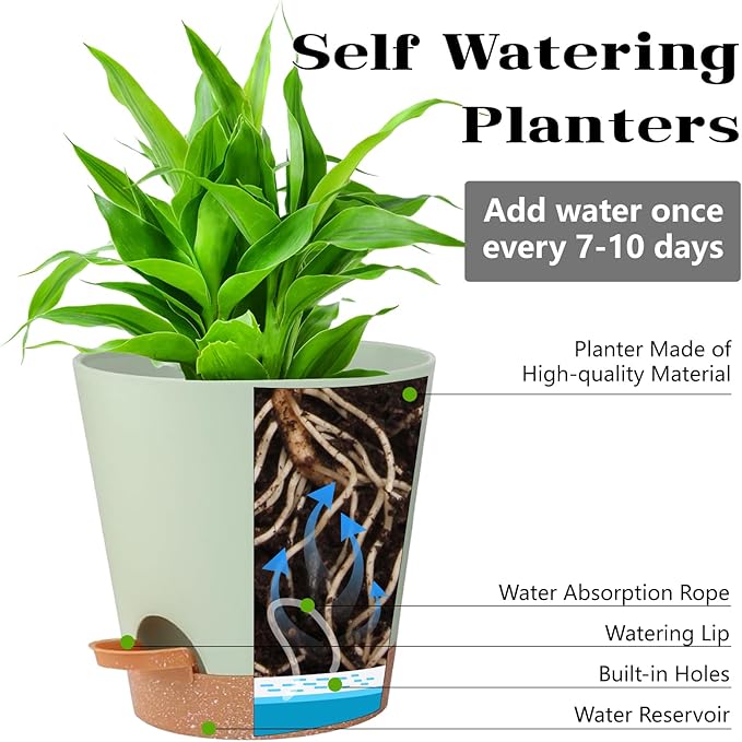 Self Watering Pots, Flower Planting Pots for Indoor Outdoor Plants, African Violet, Flowers, Succulent,Cactus Plant Pots with Drainage Holes Green Plastic Pots Gift Idea For Lazy people House Decor