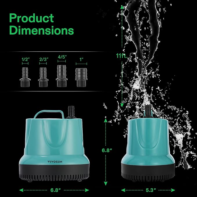 VIVOSUN 1150GPH 100W Submersible Pump for Fish Tank, Pond, Aquarium, Hydroponic Systems with 5ft Power Cord and 4 Nozzles Blue