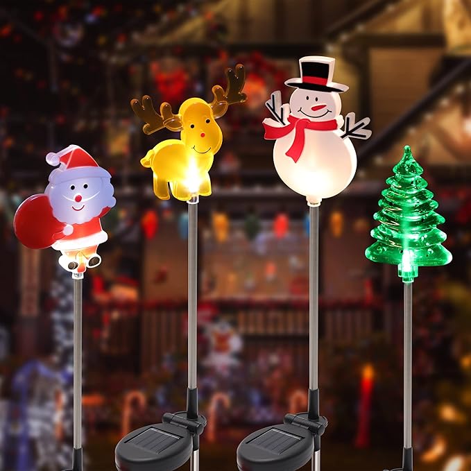 Glintoper 4 Pack Solar Christmas Figurine Lights, Outdoor Lighted Decorative Santa Claus, Snowman, Xmas Tree & Reindeer with Garden Stakes, Warm White LED Lighting Yard Stake for Path Lawn Patio Decor