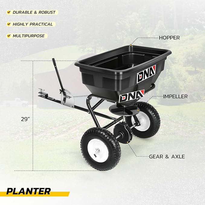 DNA MOTORING Tow Behind Broadcast Spreader, 125 LB / 60L Capacity, Multi Use Tool for Fertilizer, Grass Seed, Salt, Ice Melt, Lawn and Garden Seeder, with Wheels, with Wheels, TOOLS-00612