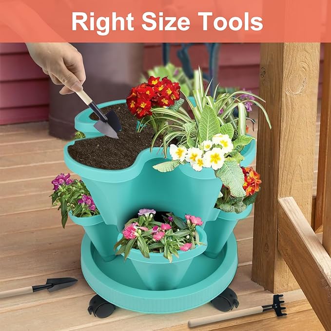 DUNCHATY Stackable Vertical Garden Planter with Wheels, 5 Tier Herb Planter Pots for Growing Vegetables and Succulents, Teal