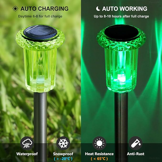 DenicMic Solar Lights Outdoor Pathway Lights LED Waterproof Acrylic Lamp Head Stainless Steel Stake for Yard Garden Landscape Path Walkway Driveway Patio Lawn (Green 10Pack)