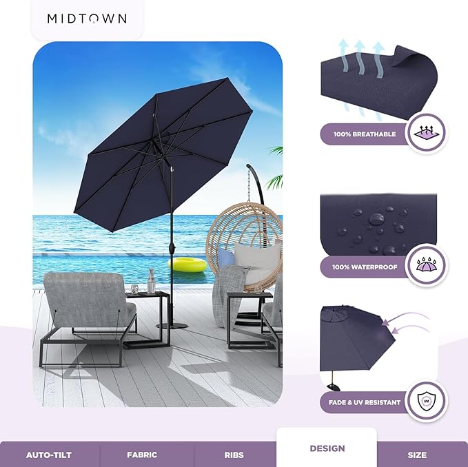 Midtown Umbrellas 10-Year-No-Fade - 8 Ft - UV Proof Navy Blue Polyester Fabric - Umbrella Outdoor Patio, Auto-Tilt Aluminum Frame Patio Umbrella for Garden, Pool & Deck - Black Pole