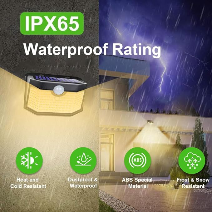 HMCITY 120 LED Outdoor Solar Lights- with Motion Sensor and 3 Lighting Modes, IP65 Waterproof Wide Solar Wall Lights Ideal for Garden Patio Yard (Front Button 4Packs, Warm White)
