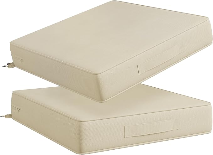 Codi Patio Chair Cushions 19x19 Inch, Waterproof Seat Cushion for Outdoor Furniture with Handles & Adjustable Straps, Fade Resistant - Set of 2, Beige