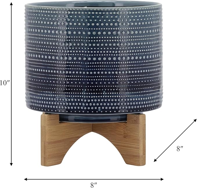 Sagebrook Home Textured Ceramic Planter with Wood Stand, Elevated Indoor/Outdoor Planter, Blue with Gray Dots, 8 L x 8 W x 10 H